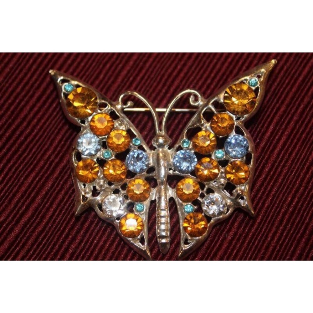 Vintage White Blue and Amber Rhinestone Butterfly Silver Color Brooch/Pin